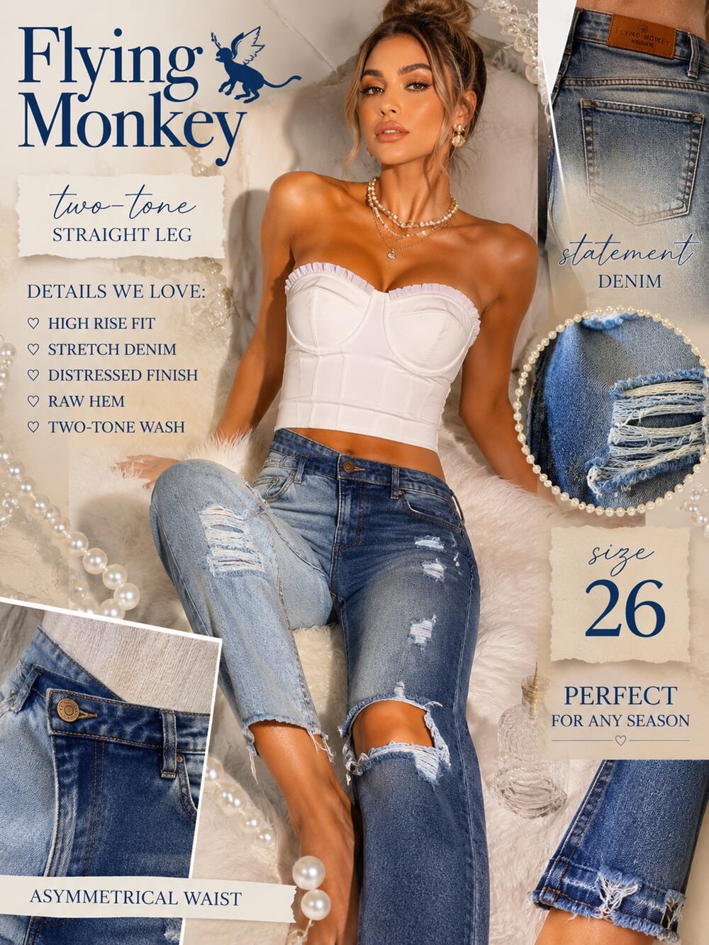 Flying Monkey Colorblock Jeans 26 Distressed Straight Leg Raw Hem Crop